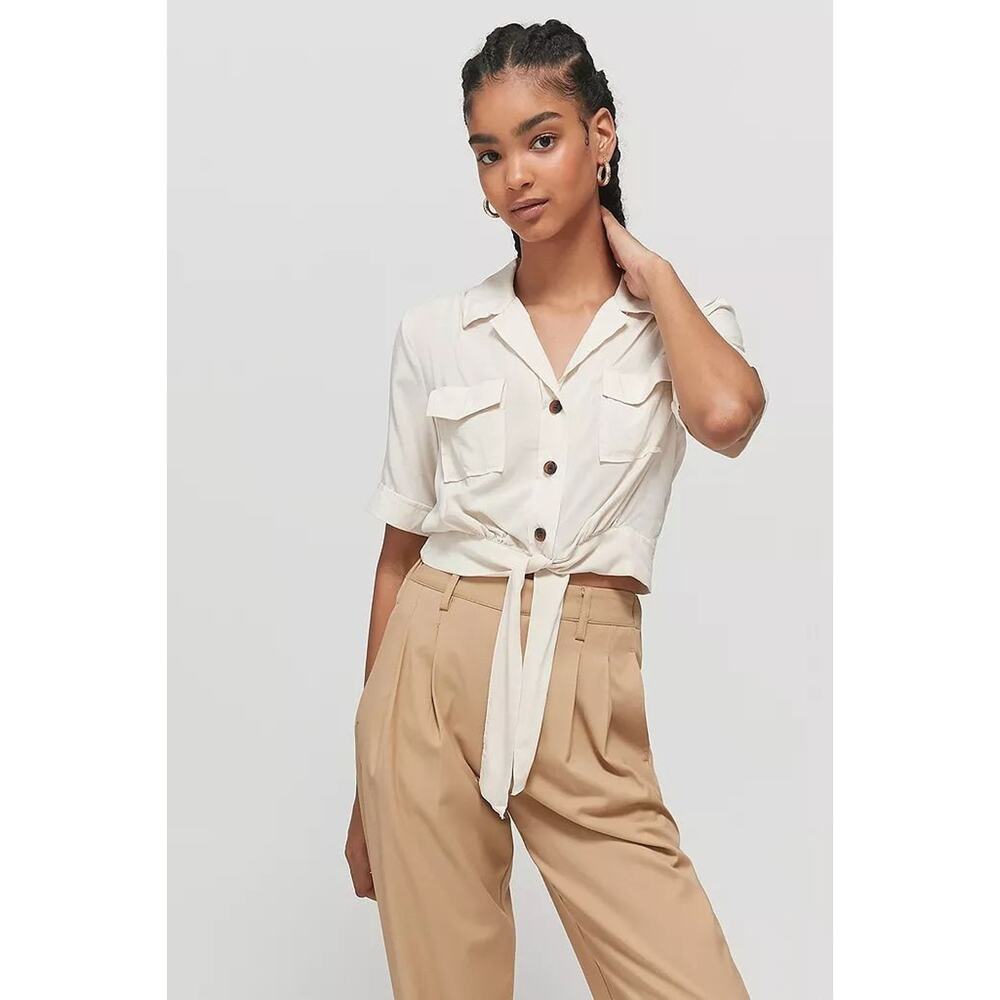 Urban Outfitters UO Soft Viscose Fawn Cream Tie-Front Cropped Top Mensy